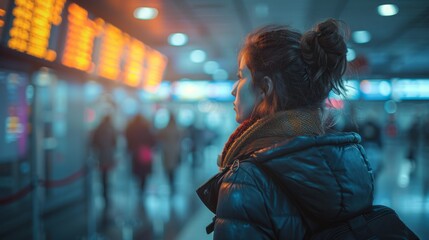 woman in a train station looking at the departure board with a blue and orange color scheme.