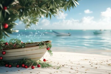 Obraz premium Festive boat adorned with holiday decorations on a tranquil tropical beach, blending christmas and summer vibes