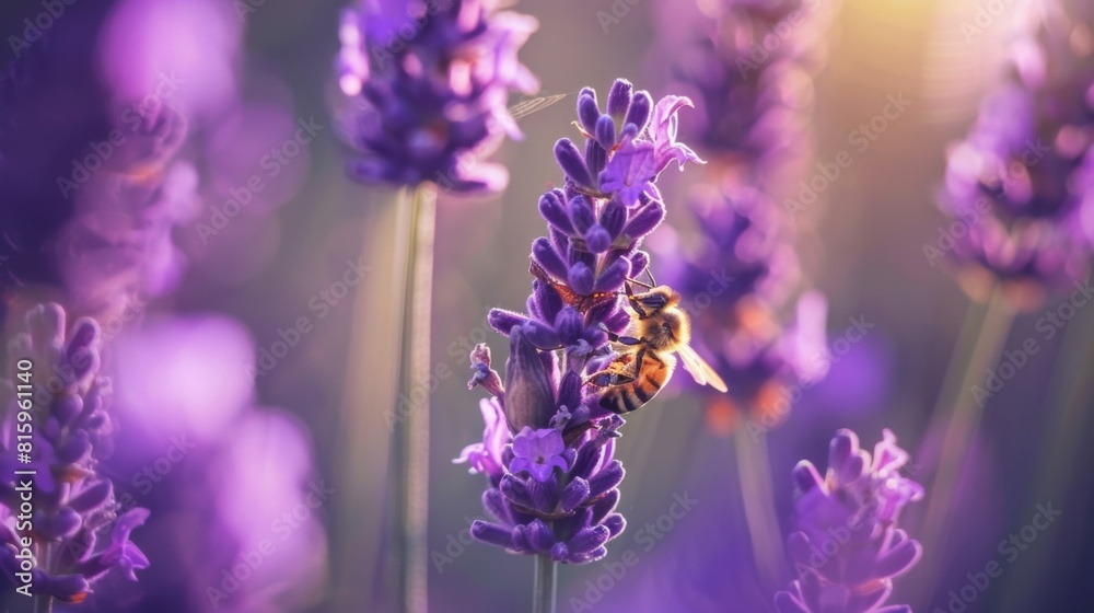 Poster macro shot of a bee collecting nectar from a blooming lavender plant, framed against a backdrop of p