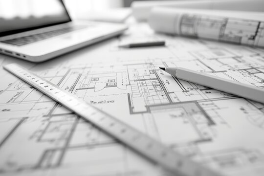 Detailed Architectural Blueprints and Tools on a Planning Table