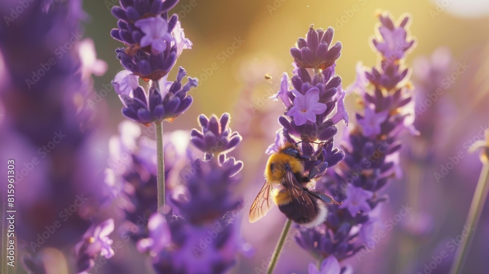 Poster macro shot of a bee collecting nectar from a blooming lavender plant, framed against a backdrop of p