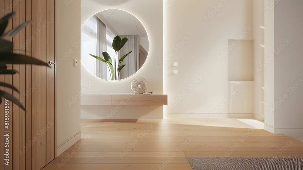 Poster bright openplan apartment in a modern design light walls and wooden floor stylish hallway with a beautiful round mirror : Generative AI