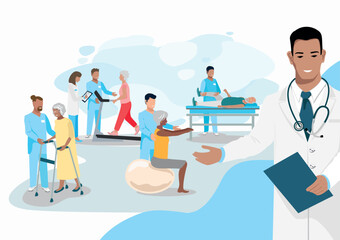 The doctor shows how elderly patients undergo orthopedic rehabilitation with a physiotherapist. Rehabilitation of the elderly. Restoring health after illness and injury. Flat vector illustrations.