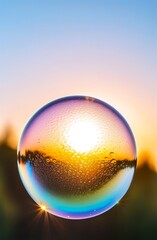 illuminated crystal-clear sphere floating against blurred nature during sunset. concepts: tranquility, peace, calmness, light and shadow, abstract visual effect, nature