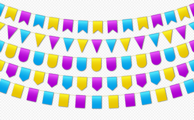 Bunting flags, carnival party flags, festive pennants hanging on a rope. Festival vector decoration.
