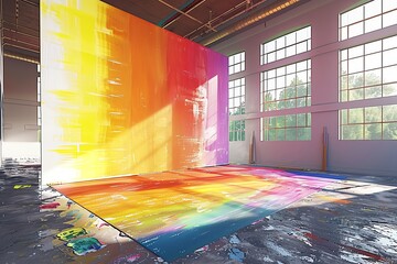 Stock photo of a vibrant abstract art painting in progress, with a focus on the artist s brush adding bold colors to a large canvas in a sunlit studio space