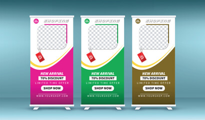 Business Roll-up banner vertical template company shop and restaurant pull up banner with 3 color, advertisement banner, x-banner and flag-banner advertising. Vector illustration