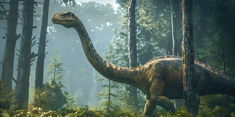  Portrait of Brachiosaurus against ancient forest , Apatosaurus dinosaur ancient herbivore dinosaur extinct anima on a forest background 