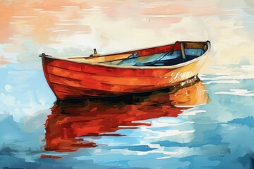 Fototapeta premium Tranquil watercolor boat scene with vibrant colors and serene reflection on calm water, a peaceful maritime landscape illustration for wall gallery decoration