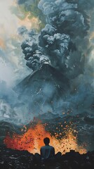 Obraz premium The boy sat and watched the volcano erupt amidst the colors