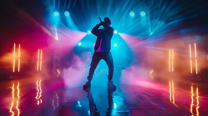 dynamic rap concert with silhouetted rapper performing on neonlit stage hip hop night club