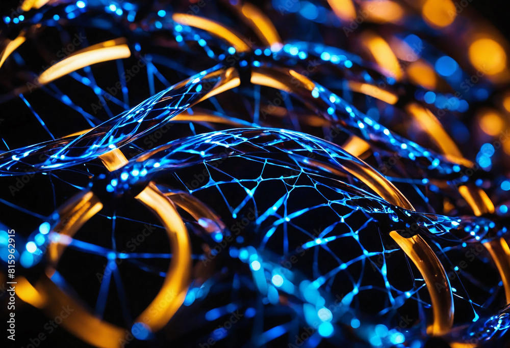 Poster an up-close view of vibrant electrons swirling around a crystal lattice, casting ethereal reflection