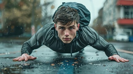 A strong young man showcasing his strength and determination as he performs push-ups on the urban asphalt, surrounded by outdoor fitness gear.