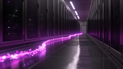 Fototapeta premium high speed server racks with fiber optic cables, glowing purple, fast and secure data transmission