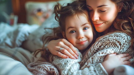 A loving young woman tenderly hugs her little daughter while sitting on the sofa in a large and cozy living room. The concept of family day, mother's day, love and care.