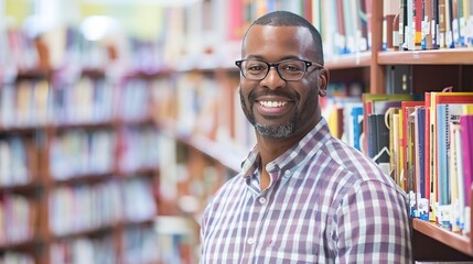 Fototapeta premium male librarian in glasses, smiling among rows of books in a library setting