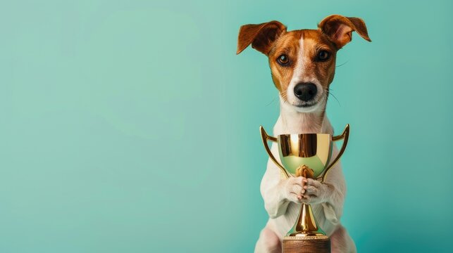 Triumph of the Canine: Dog Holding Trophy on Blue Background