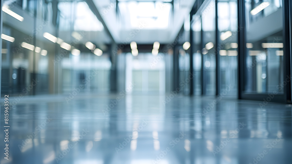 Poster BLURRED OFFICE BACKGROUND SPACIOUS BUSINESS INTERIOR HALL WITH DAY LIGHT WINDOW REFLECTIONS : Generative AI