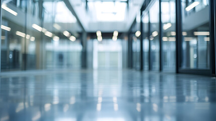 BLURRED OFFICE BACKGROUND SPACIOUS BUSINESS INTERIOR HALL WITH DAY LIGHT WINDOW REFLECTIONS : Generative AI