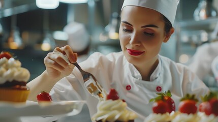 beautiful young chef decorating delicious dessert