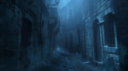 eerie haunted alleyway with mysterious fog and spooky shadows digital concept art