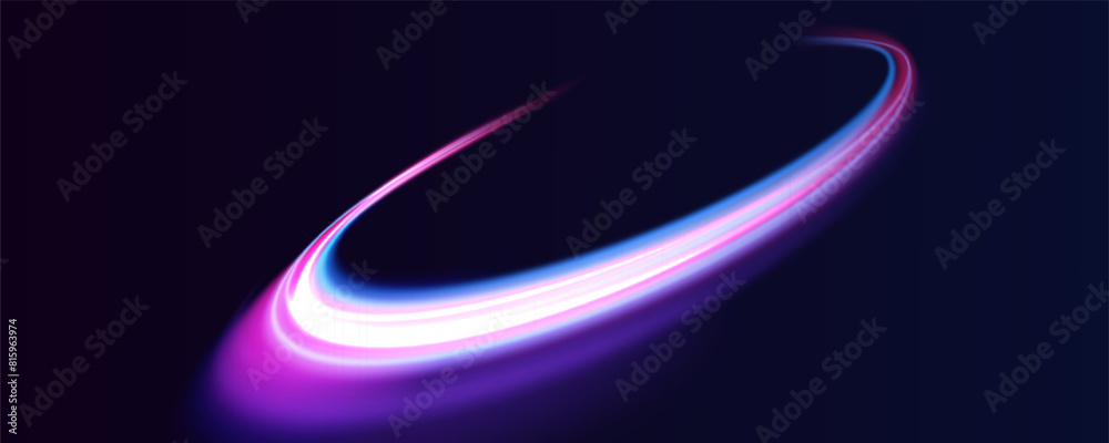 Poster Acceleration speed motion on night road. Laser beams luminous abstract sparkling isolated on a transparent background. Magic moving fast speed police lines.