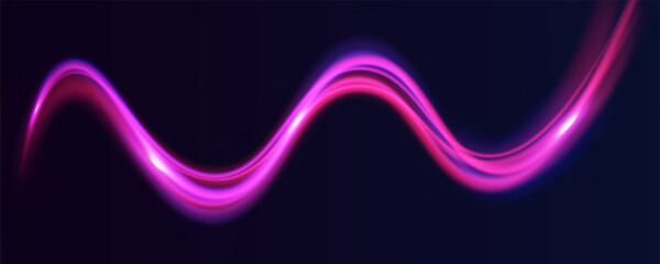 High speed effect motion blur night lights blue and red. Futuristic neon light line trails. bright sparkling background. Purple glowing wave swirl, impulse cable lines. Long time exposure. Vector