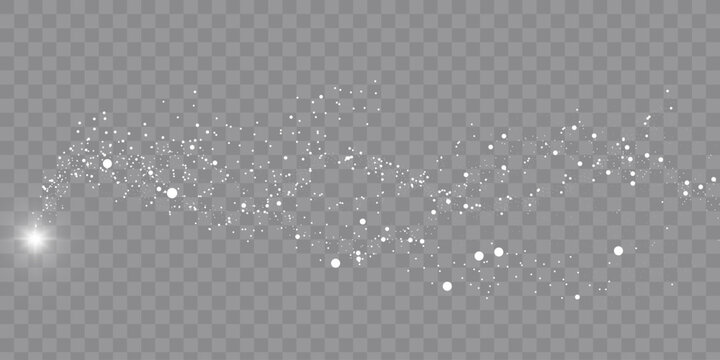 Collection of glittering stars with silver shimmering swirls, shiny glitter design. Magical motion, sparkling lines on a black background.