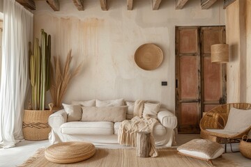 Warm, serene living space with boho-styled furniture, natural textures, and neutral tones