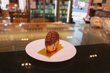 chocolate cake in a restaurant