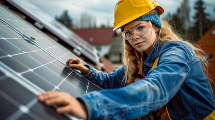 Female technician inspecting solar panels