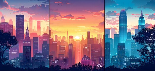 Obraz premium Iconic cityscape with dramatic sunset sky and towering skyscrapers in the heart of a modern metropolitan business district