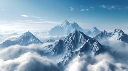 Panoramic aerial view of continuous range of majestic mountain peaks, rises among the white clouds