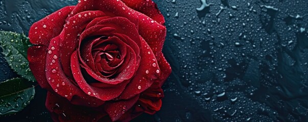  A red rose with water drops, closeup view on a black background.