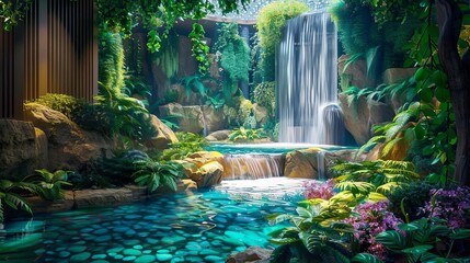 enchanting indoor garden with cascading waterfall and flowing river lush greenery serene oasis digital painting
