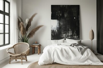 Elegant bedroom featuring a cozy bed, abstract painting, and natural accents