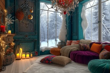 Warm and inviting living room decorated for the holidays with a picturesque snowy view through the window