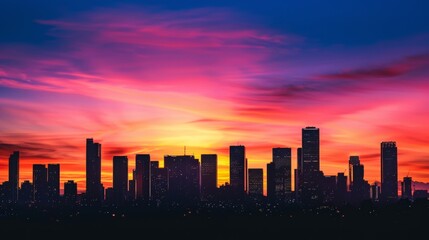 Silhouette of city skyline at sunset, with tall buildings creating a dramatic backdrop against colorful skies.