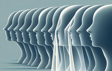 Fototapeta premium Concept of Human Identity and Individuality | Surreal Minimalist Abstract Art Featuring Translucent Human Heads in Profile View | Themes of Conformity in Muted Blue and Gray Tones | Ethereal