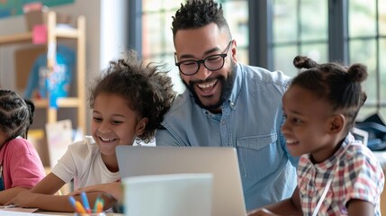 enthusiastic teacher engaging diverse students with math lesson using laptop joyful classroom setting