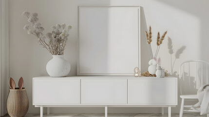 Interior design of easter living room interior with mock up poster frame stylish white sideboard hyacinth easter bunny vase with dried flowers and personal accessories Home decor Templ : Generative AI