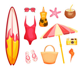 Set for Vacations and Travel. Swimsuit, surfboard, camera, beach flip-flops, sunglasses, sun, beach bag, coconut, sunscreen. Vector illustration. Trendy style. Summer, sea, beach. Tourism