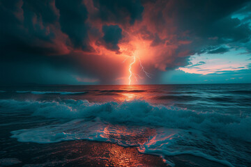 Fototapeta premium Dark clouds churn over a stormy sea at night, with crashing waves against the horizon.