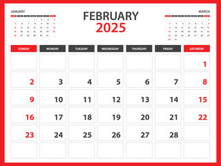 Monthly calendar template for 2025 year - February 2025  year, Week Starts on Sunday, Desk calendar 2025 design, Wall calendar, planner design, stationery, printing media, red background, vector