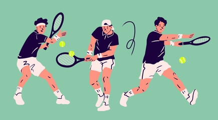 Set of men playing Tennis. Various positions. Sportsmen holding rackets and hitting ball. Isolated design elements. Cartoon flat style. Hand drawn modern Vector illustration