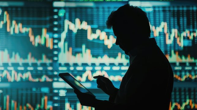 A silhouette of a focused trader analyzing financial charts on a digital tablet against the backdrop of virtual screens displaying candlestick graphs. - Powered by Adobe