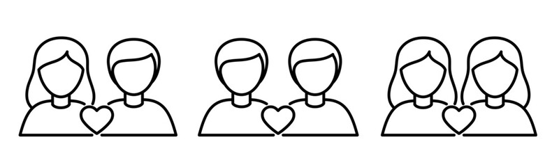 Different couples outline icons set. Love, relationship concept. Editable stroke 