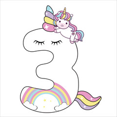 number three birthday unicorn vector