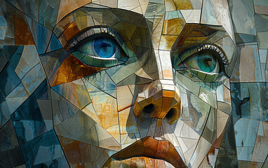 Capture a frontal view of a dynamic figure in Cubism style, depicting fragmented emotions and thoughts, from a birds eye view perspective, evoking isolation and self-reflection