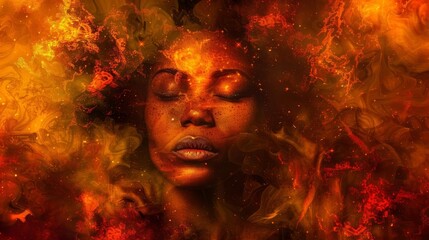 fierce african american woman engulfed in flames of power digital art